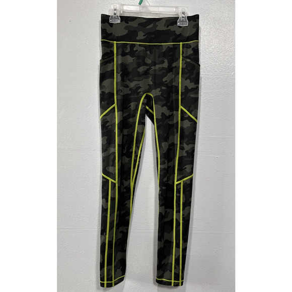 ALL ACCESS Womens High Waist Leggings size S Green Light Neon Stitching Camo - Picture 1 of 11